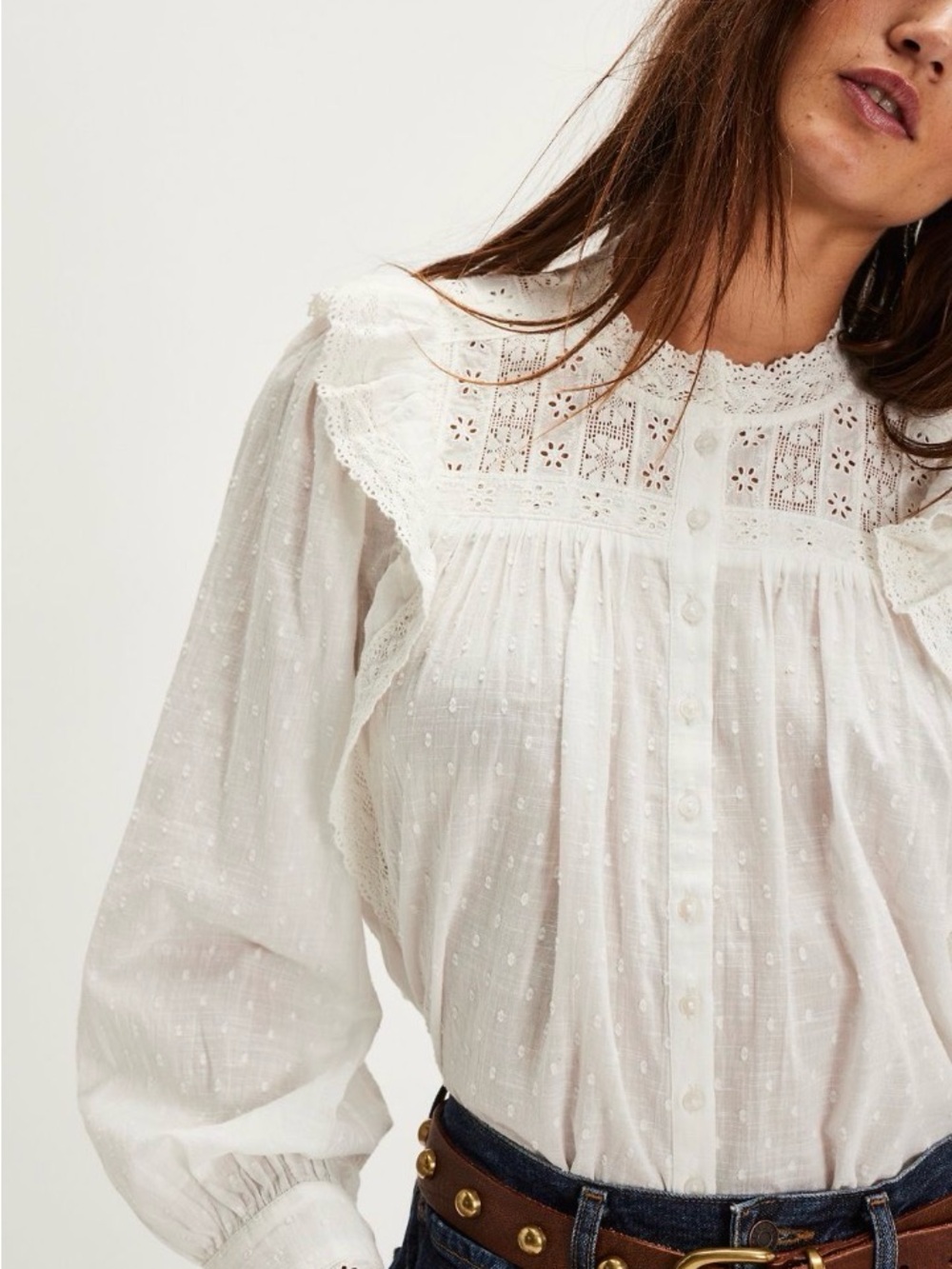 Free People “Wrapped In A Dream”White Lace-Trim Button Blouse SOLD OUT! Sz S